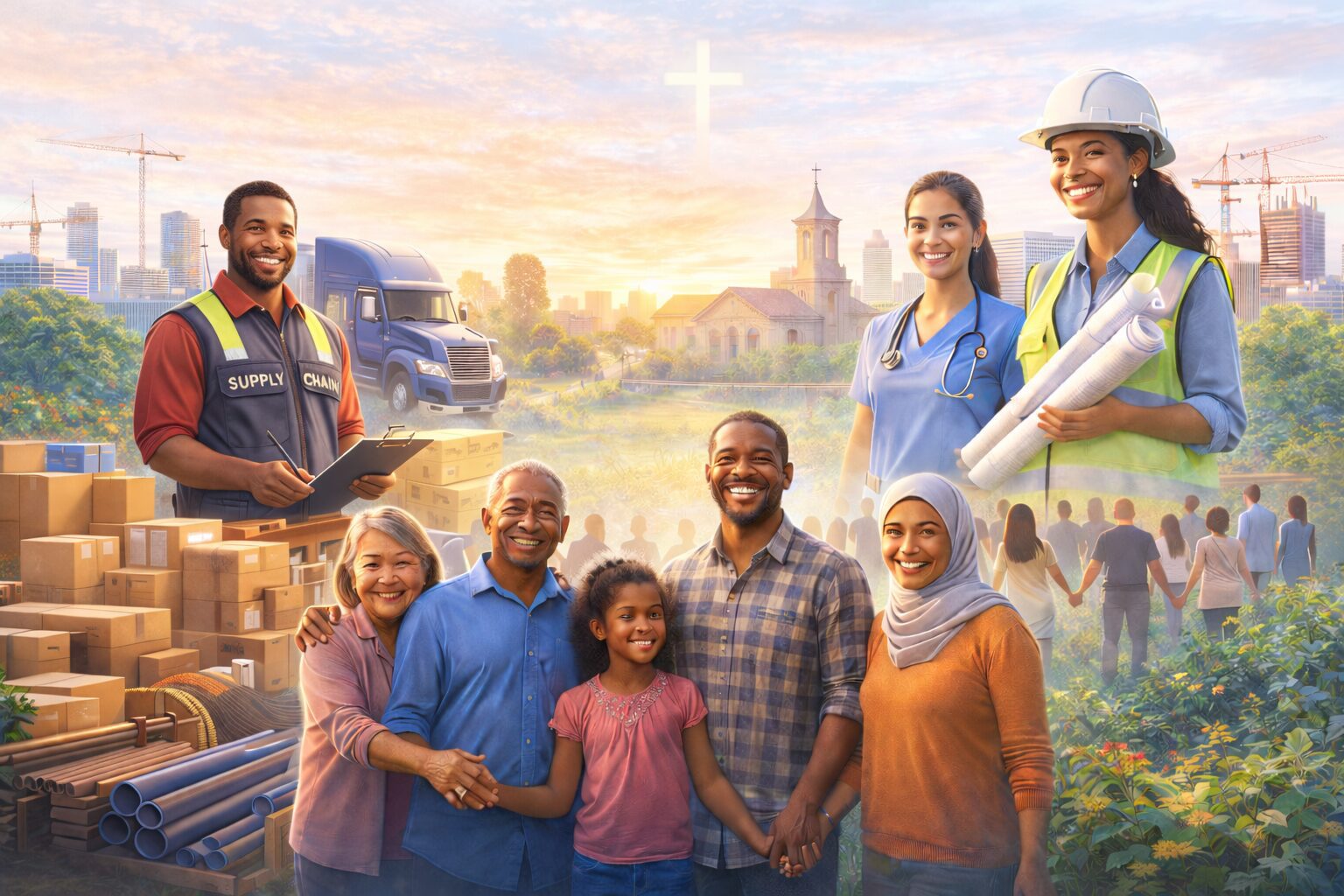 A diverse group of smiling people with a church and cross in the background during sunset.